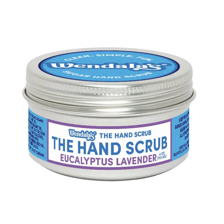 Wendalas hand scrub in eucalyptus lavender in a 4 oz white jar with silver lid from the essential hand scrub bundle