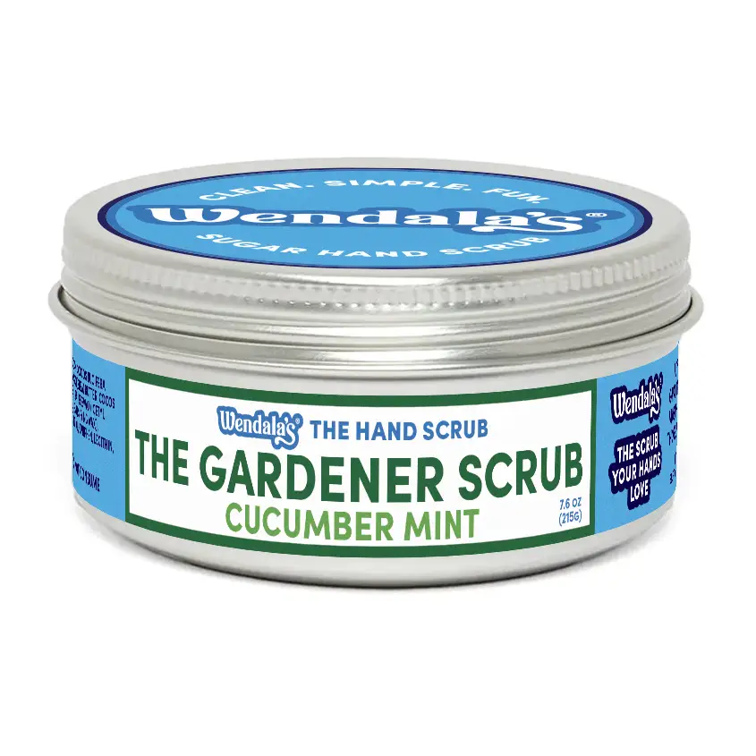 Wendalas the gardener hand scrub cucumber mint in a silver tin with blue and green labeling for dirty girl use
