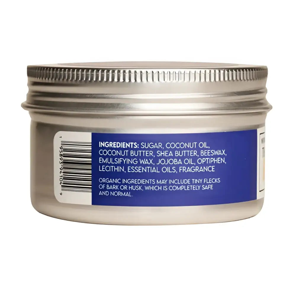 Silver metal jar with blue label showing ingredients like organic coconut and organic coconut butter for hand scrub