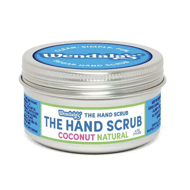 Wendalas the hand scrub coconut natural in a silver tin with blue and green labeling featuring organic coconut oil hand scrub