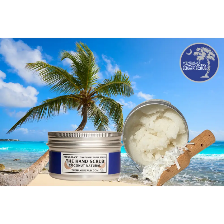 A silver jar of wendala’s lowcountry hand scrub coconut natural with organic coconut oil and blue label