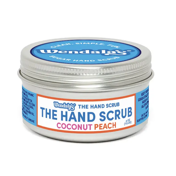 A silver tin of wendalas the hand scrub coconut peach scented with organic coconut for gentle exfoliation