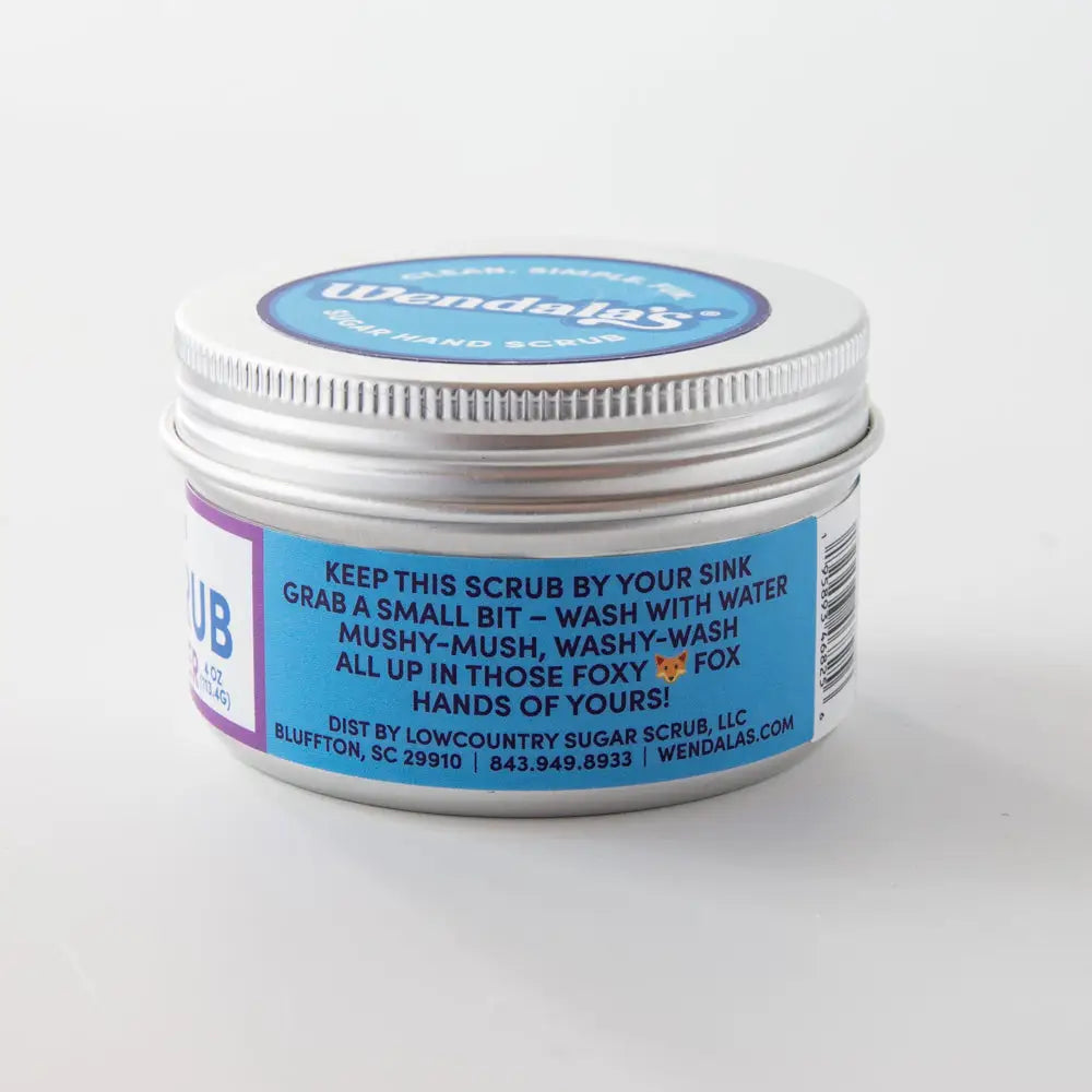 Silver tin container of wendalas hand scrub eucalyptus lavender with shea butter and coconut butter for skin care