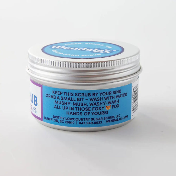 Silver tin container of wendalas hand scrub eucalyptus lavender with shea butter and coconut butter for skin care
