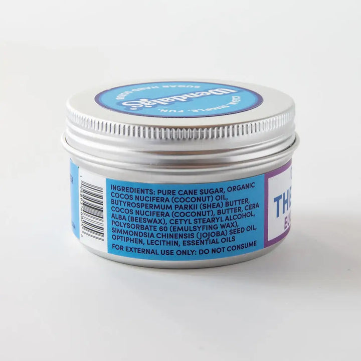 Silver tin container of dental brand the hand scrub eucalyptus lavender with organic coconut and shea butter ingredients