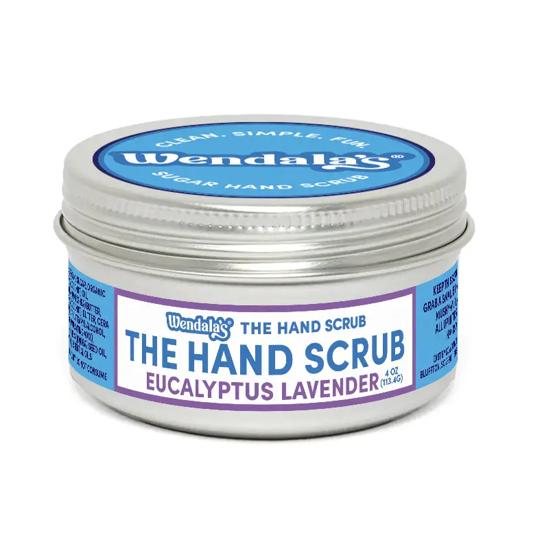 Wendalas the hand scrub eucalyptus lavender in a silver tin with blue and white labeling contains shea butter and coconut butter