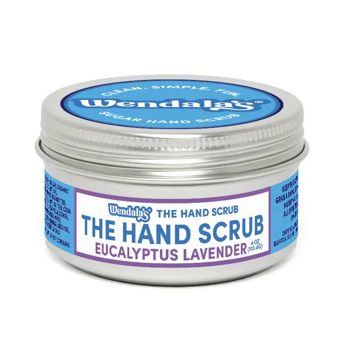 Wendalas the hand scrub eucalyptus lavender in a silver tin with blue and white labeling contains shea butter and coconut butter
