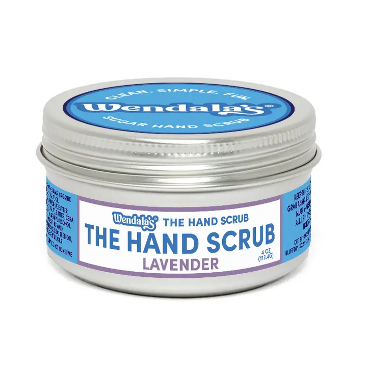 A silver tin of wendalas lavender hand scrub with a blue and white label for gentle exfoliation