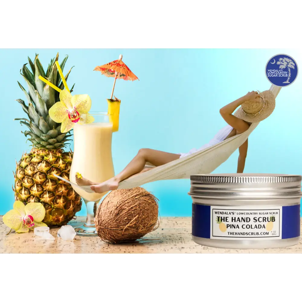 Silver jar containing wendalas lowcountry pina colada hand scrub sugar scrub for exfoliating and moisturizing hands