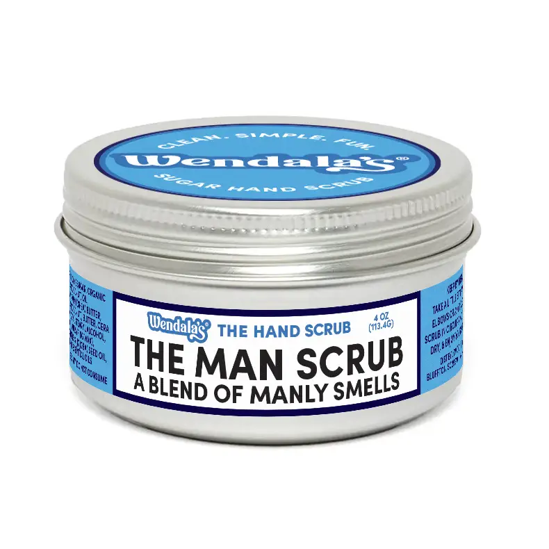Silver tin container of wendalas man scrub sugar hand scrub with shea butter and organic coconut in blue and white label