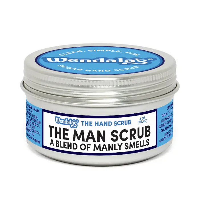 Silver tin container of wendalas man scrub sugar hand scrub with shea butter and organic coconut in blue and white label