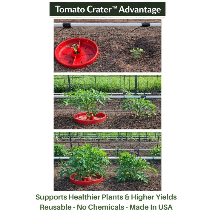 Tomato Crater root-zone watering system — red tray channels water directly to tomato and vegetable root zones, reduces water waste, Made in USA