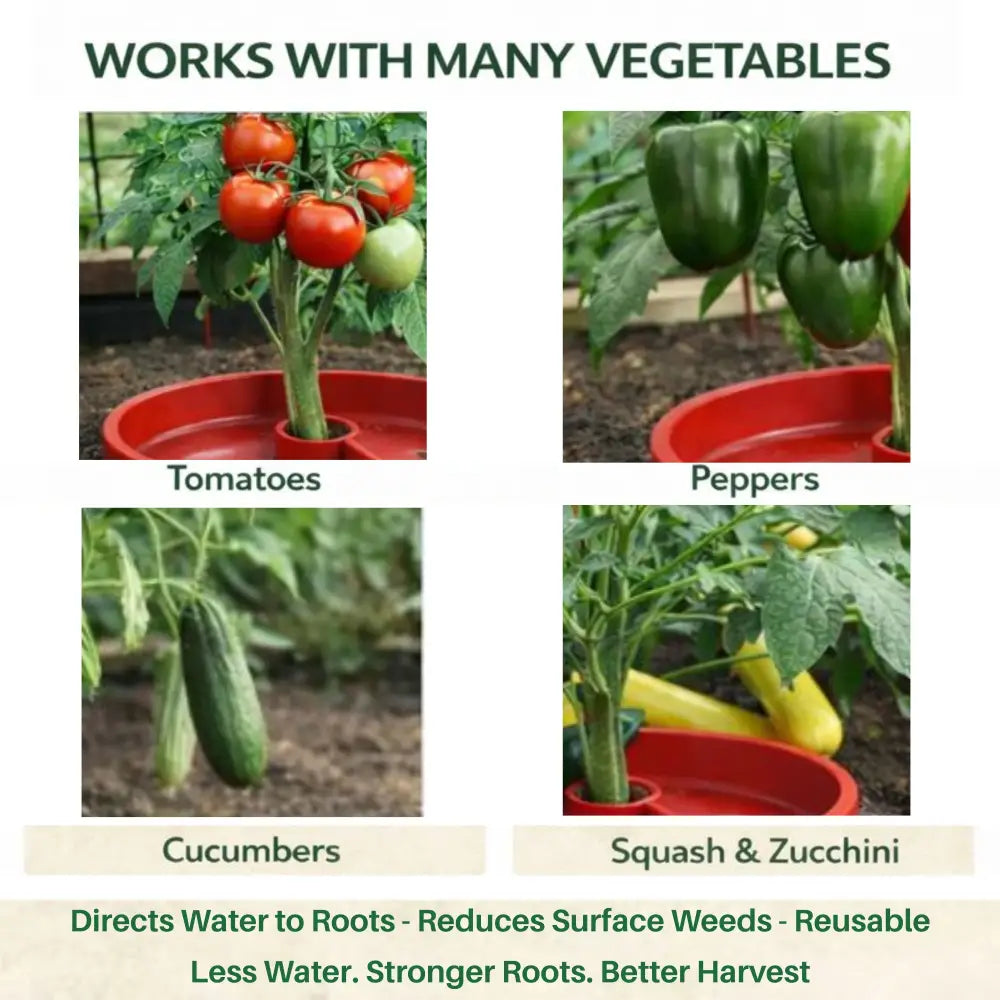 Tomato Crater root-zone watering system — red circular garden watering dish for tomatoes and vegetables, NOAA-tested design, Made in USA