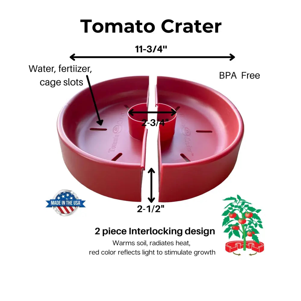 Tomato Crater root-zone watering system — red two-piece circular tray for tomatoes and vegetables, conserves water, Made in USA