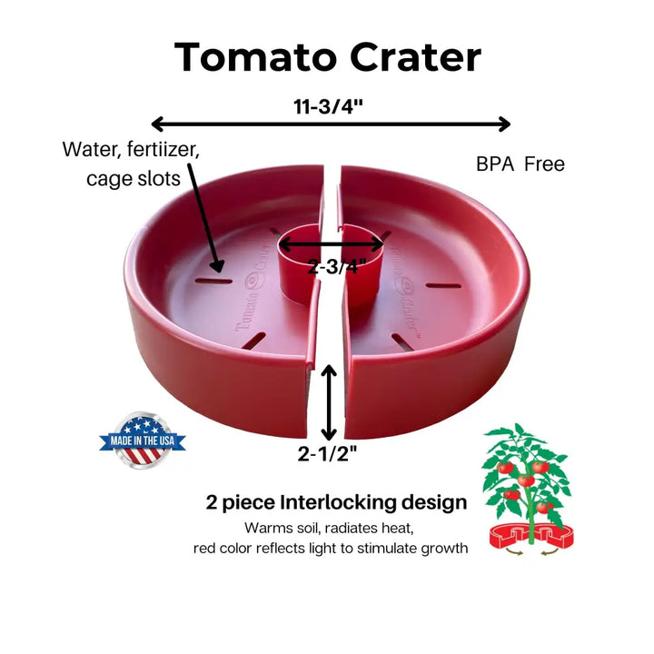 Tomato Crater root-zone watering system — red two-piece circular tray for tomatoes and vegetables, conserves water, Made in USA