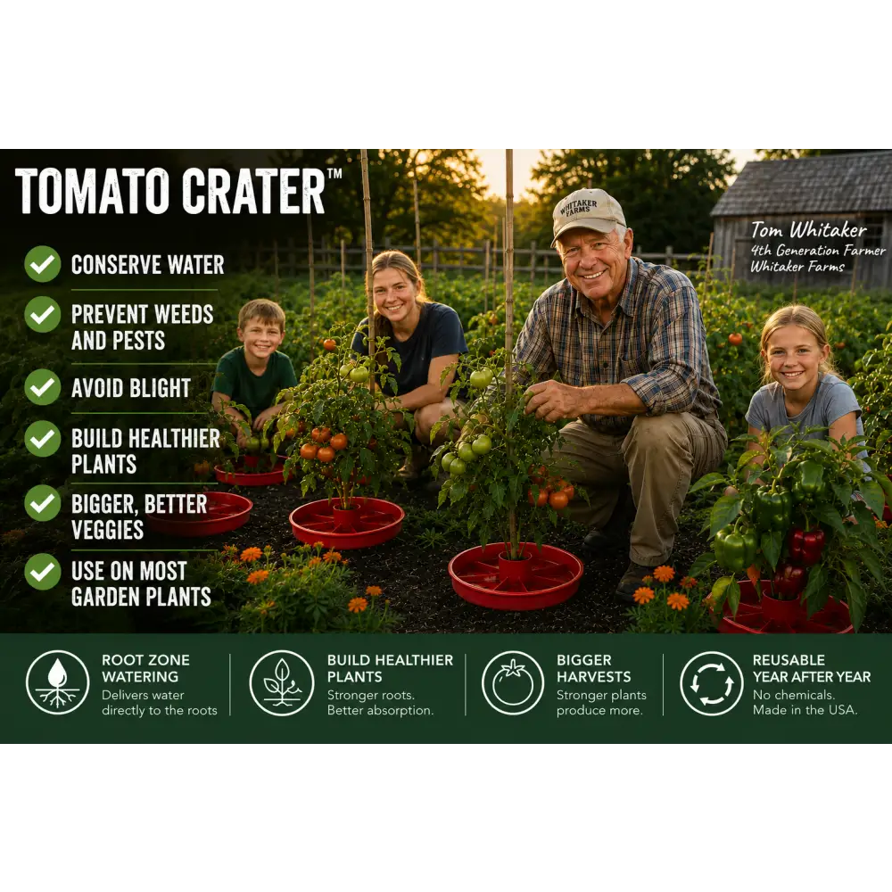 Red plastic tomato crater gardening tool with multiple slots and central water reservoir conserves water for vegetables