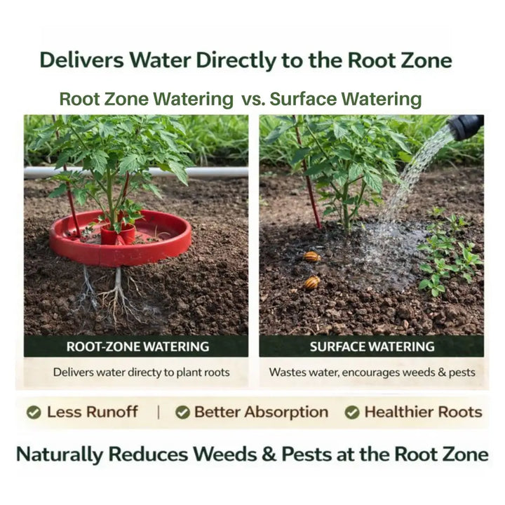 Tomato Crater root-zone watering system — circular tray holds seedlings and directs water to root zone for tomatoes and vegetables, Made in USA