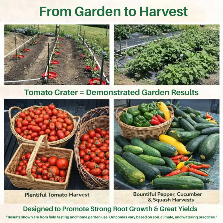 Tomato Crater root-zone watering system — bountiful harvest of zucchini and peppers grown using root-zone irrigation, Made in USA