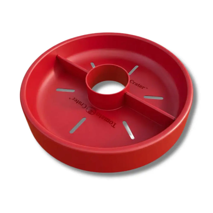 Tomato Crater root-zone watering system — red UV-protected polypropylene tray directs water to tomato and vegetable roots, Made in USA