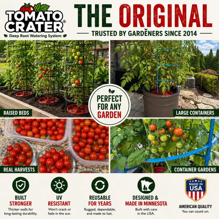Tomato crater original deep root watering system with black metal frame and red base plates conserves water for gardening