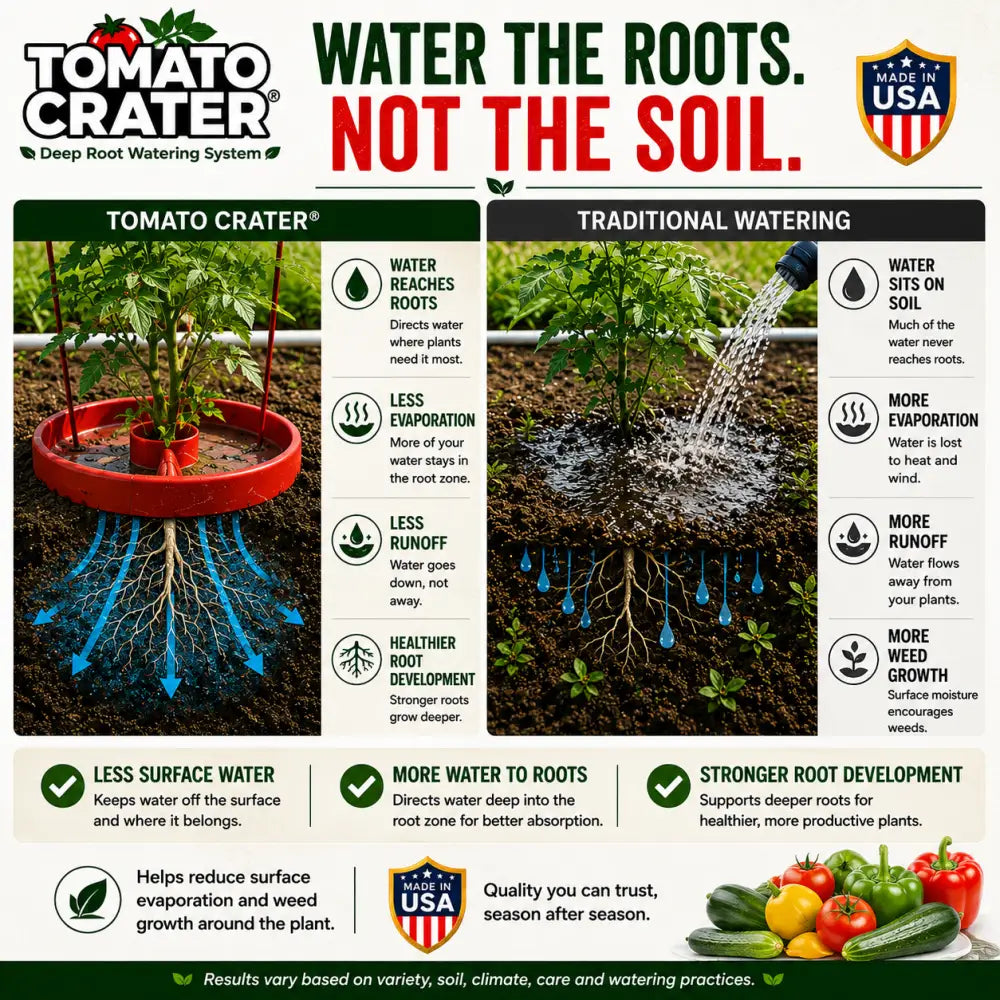 Red circular tomato crater gardening tool with central pot and radial water channels conserves water for vegetables