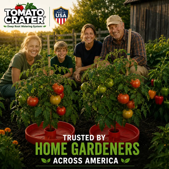 Red plastic tomato crater planters with built-in deep root watering system for tomatoes and vegetables conserves water