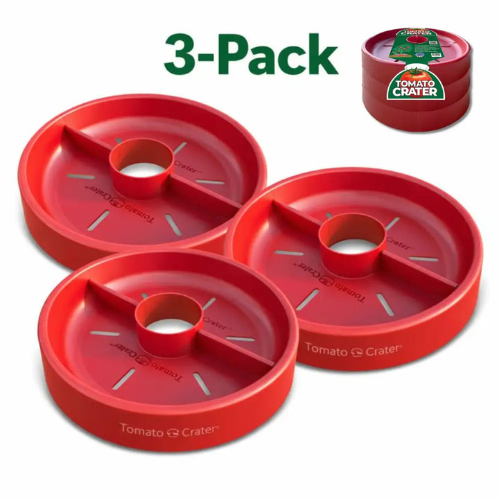 Red plastic tomato crater gardening tool with central hole and four compartments conserves water for tomatoes and vegetables