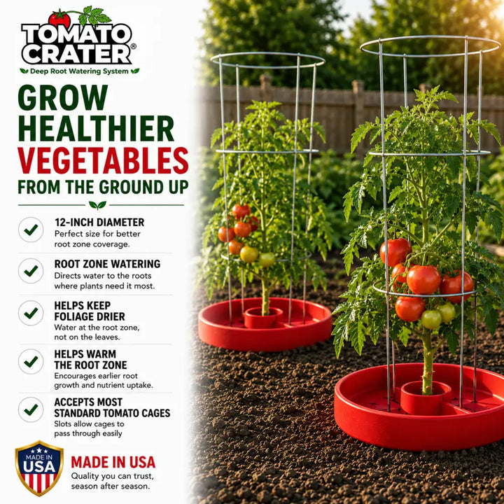 Red circular tomato crater gardening tool with central cup and metal wire cage conserves water for tomato plants