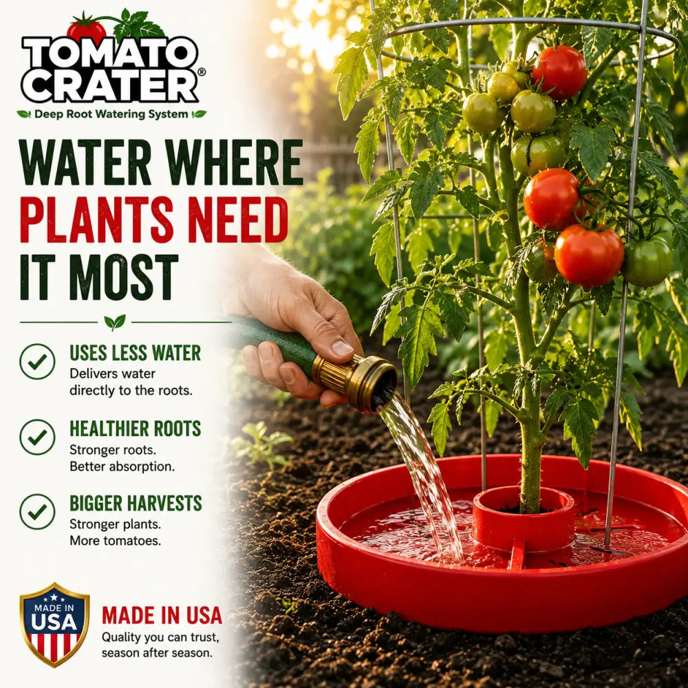 Red plastic tomato crater gardening tool conserves water for deep root watering tomato plants and vegetables
