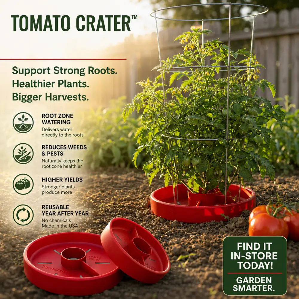 Red plastic tomato crater gardening tool with metal wire cage conserves water for tomato plants roots zone watering