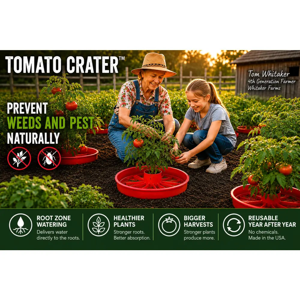 Red plastic tomato crater gardening tool with circular base and radial slots conserves water for tomatoes and vegetables