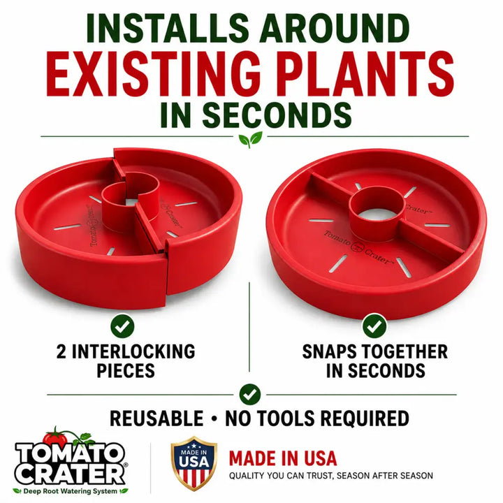 Red plastic tomato crater gardening tool with interlocking pieces and central hole conserves water for tomatoes and vegetables