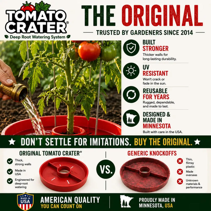 Red plastic tomato crater root-zone watering system with brass spout gardening tool conserves water for tomatoes and vegetables