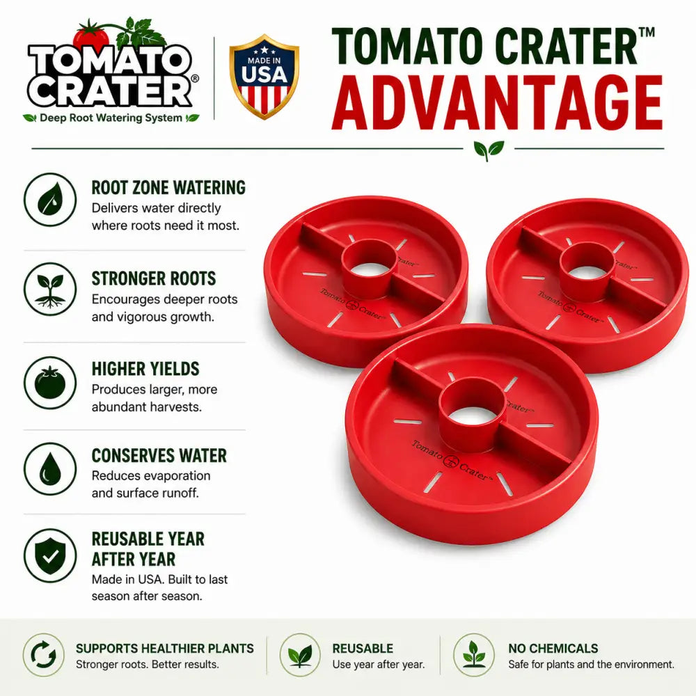 Red plastic tomato crater gardening tool with central hole and four slots conserves water for tomatoes and vegetables