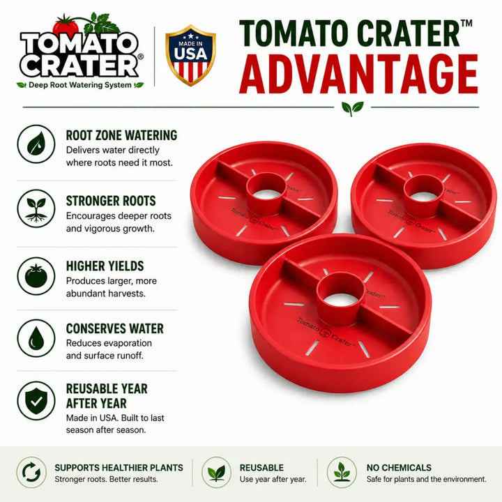 Red plastic tomato crater gardening tool with central hole and four slots conserves water for tomatoes and vegetables