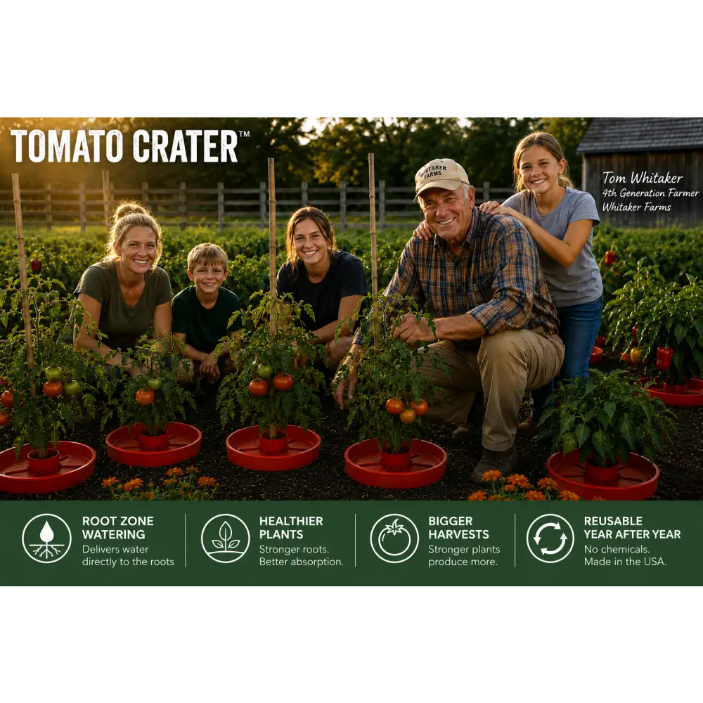 Red tomato plants growing in circular red uv-protected plastic trays with wooden stakes using tomato crater gardening tool