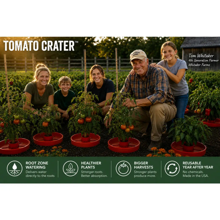 Red tomato plants growing in circular red uv-protected plastic trays with wooden stakes using tomato crater gardening tool
