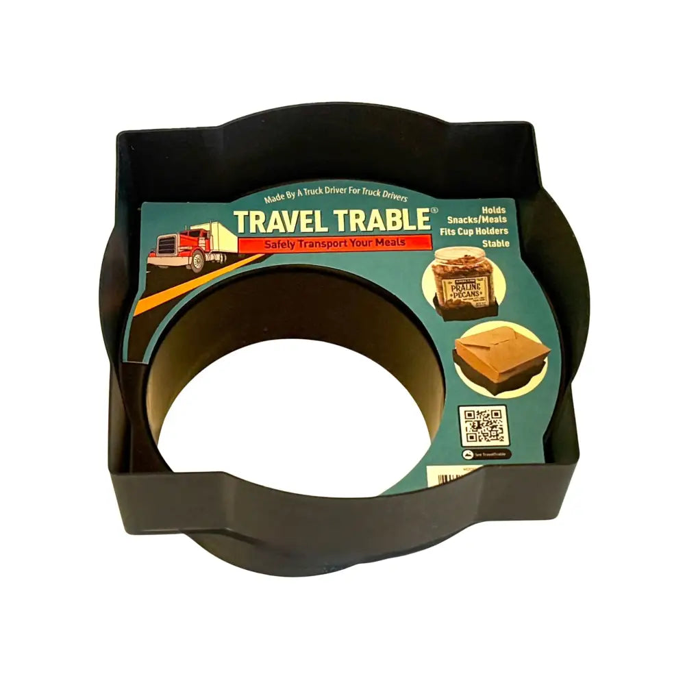 Patented black plastic food tray for truck drivers, fits standard cup holders