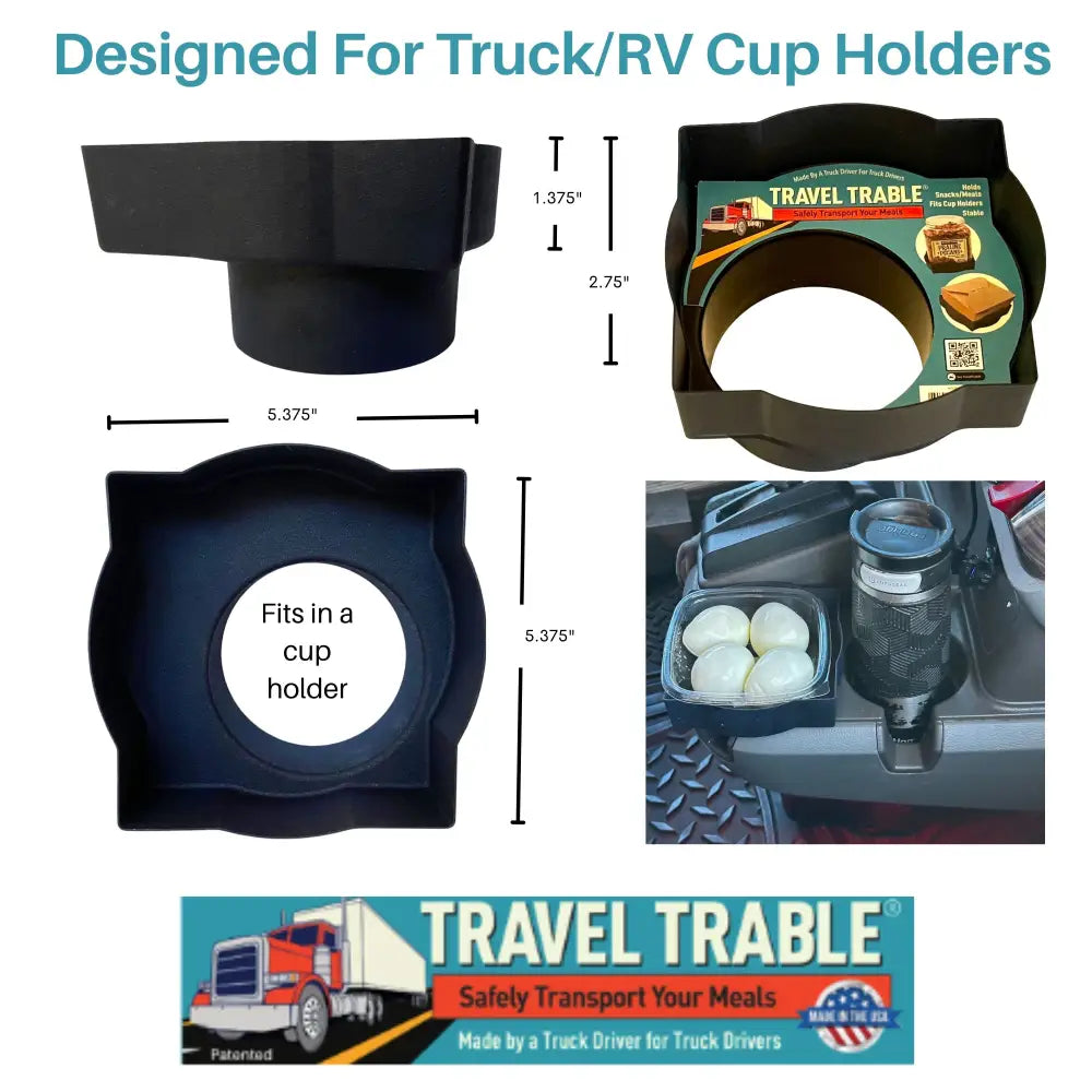 Patented food holder for truck drivers: black plastic insert fits standard cup holders in trucks and RVs