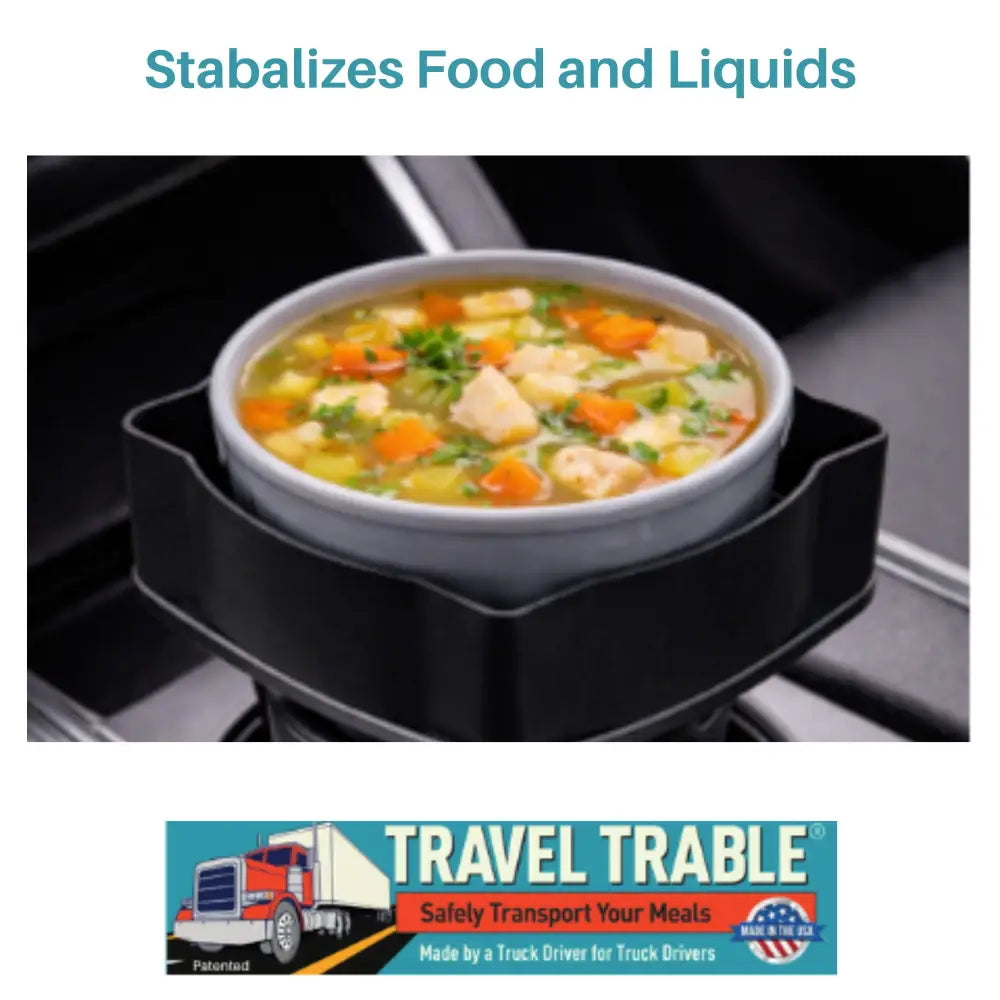 Travel Trable patented food holder stabilizing white soup bowl in standard cup holders