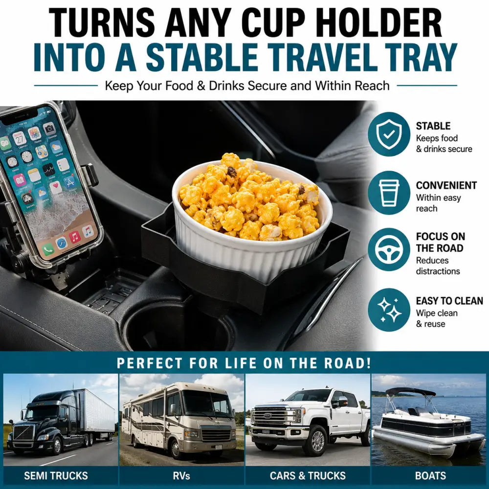 Black plastic truck cup holder food tray with white popcorn bowl for vehicle center console drink tray and rv cup holder organizer tray
