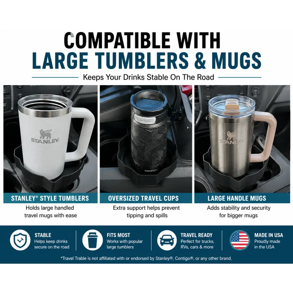Stanley black travel cup holder for oversized tumblers in truck cup holder food tray and vehicle organizer