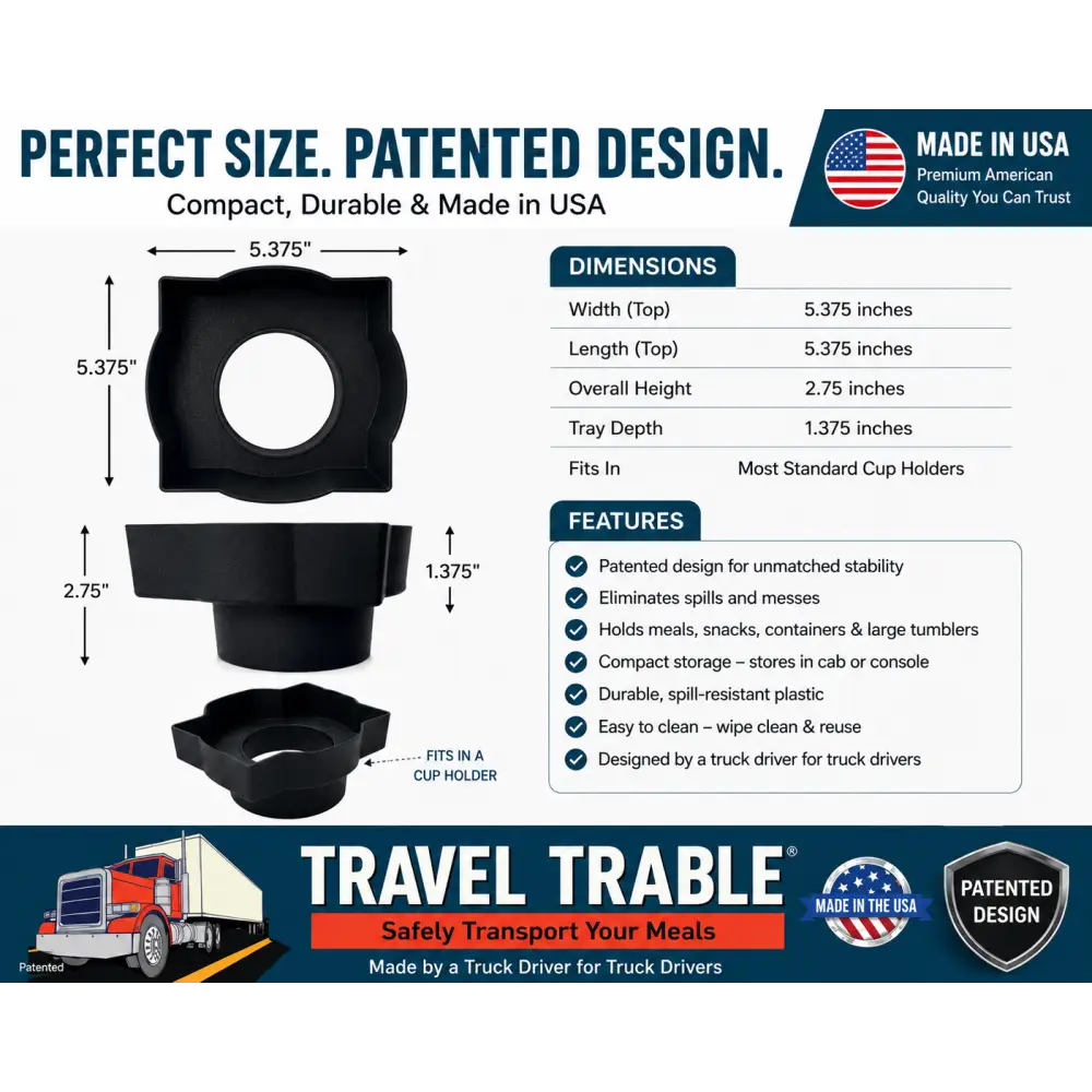 Black plastic truck cup holder food tray and vehicle center console drink tray for safe meal transport on the road