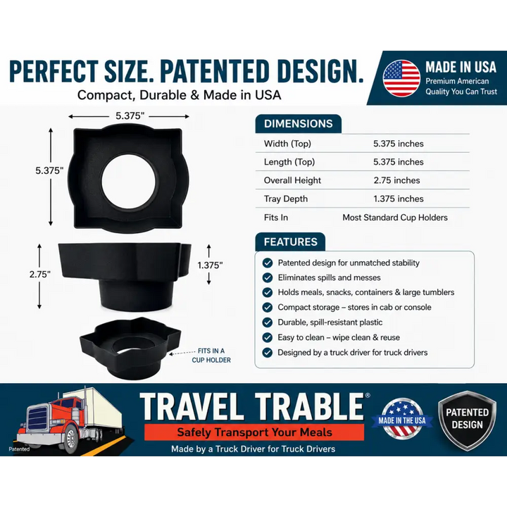 Black plastic truck cup holder food tray and vehicle center console drink tray for safe meal transport on the road