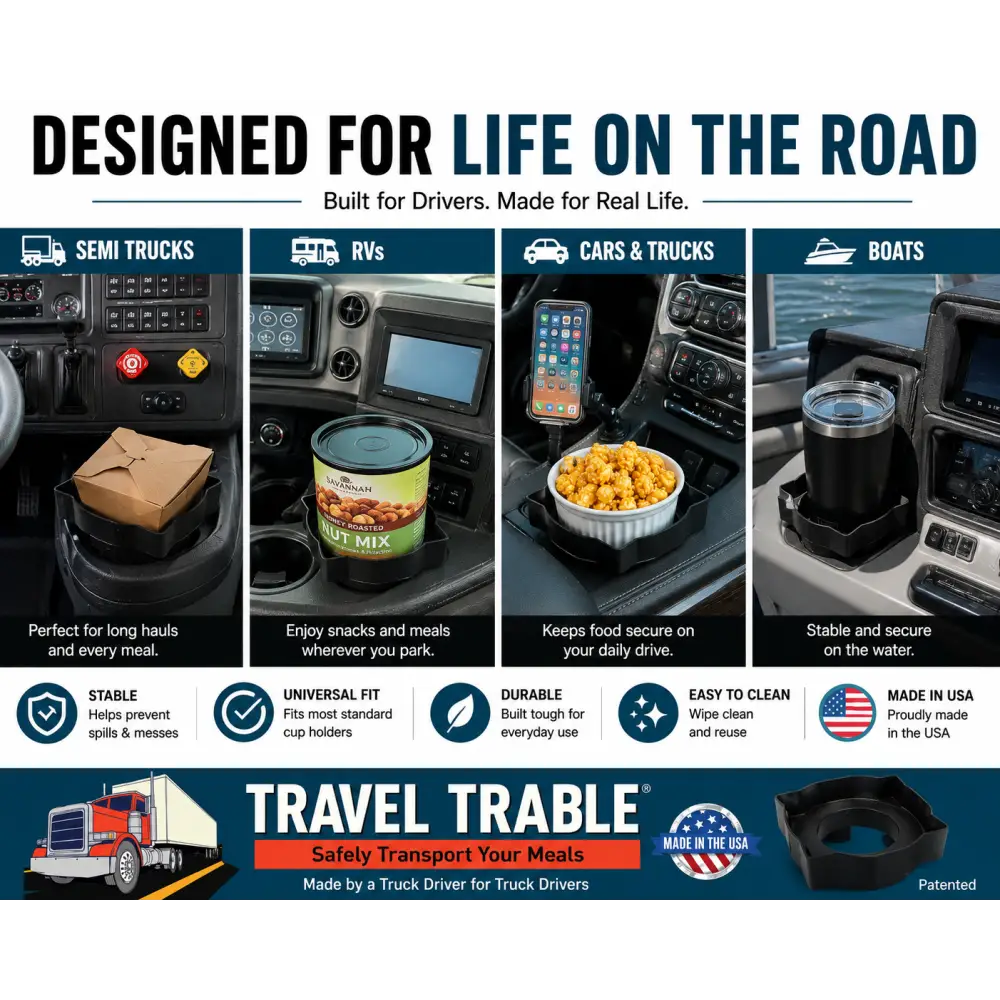 Black plastic truck cup holder food tray designed for secure meal transport and vehicle center console drink tray organizer