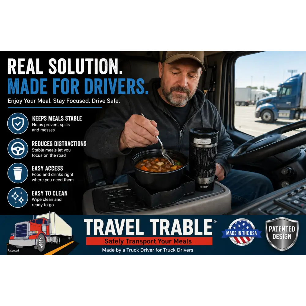 Black insulated travel mug with textured grip and silver logo for truck cup holder food tray and vehicle organizer