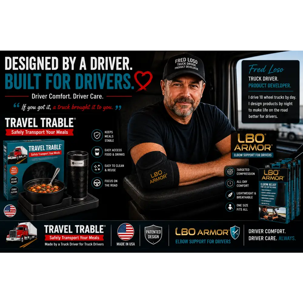 Black lbo armor elbow support with gold lettering designed for driver comfort in truck cup holder food tray organizer