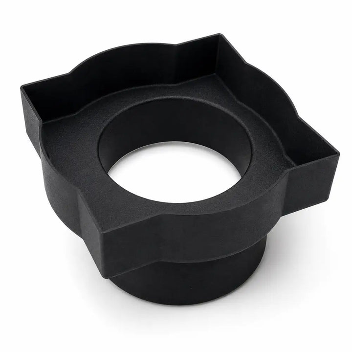 Black plastic adapter with circular opening and four angular flanges for truck cup holder food tray organizer