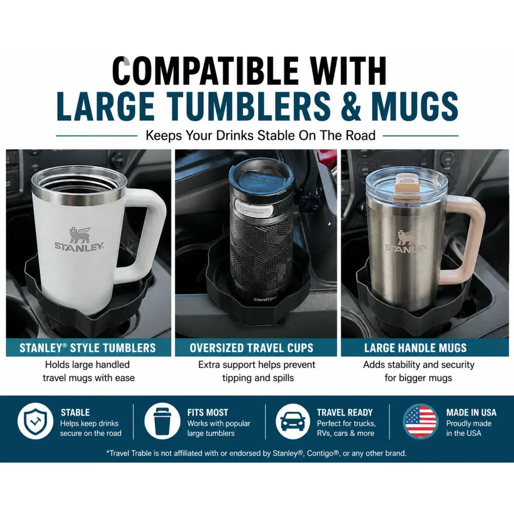 Stanley black travel cup holder for oversized tumblers in truck cup holder food tray and vehicle organizer