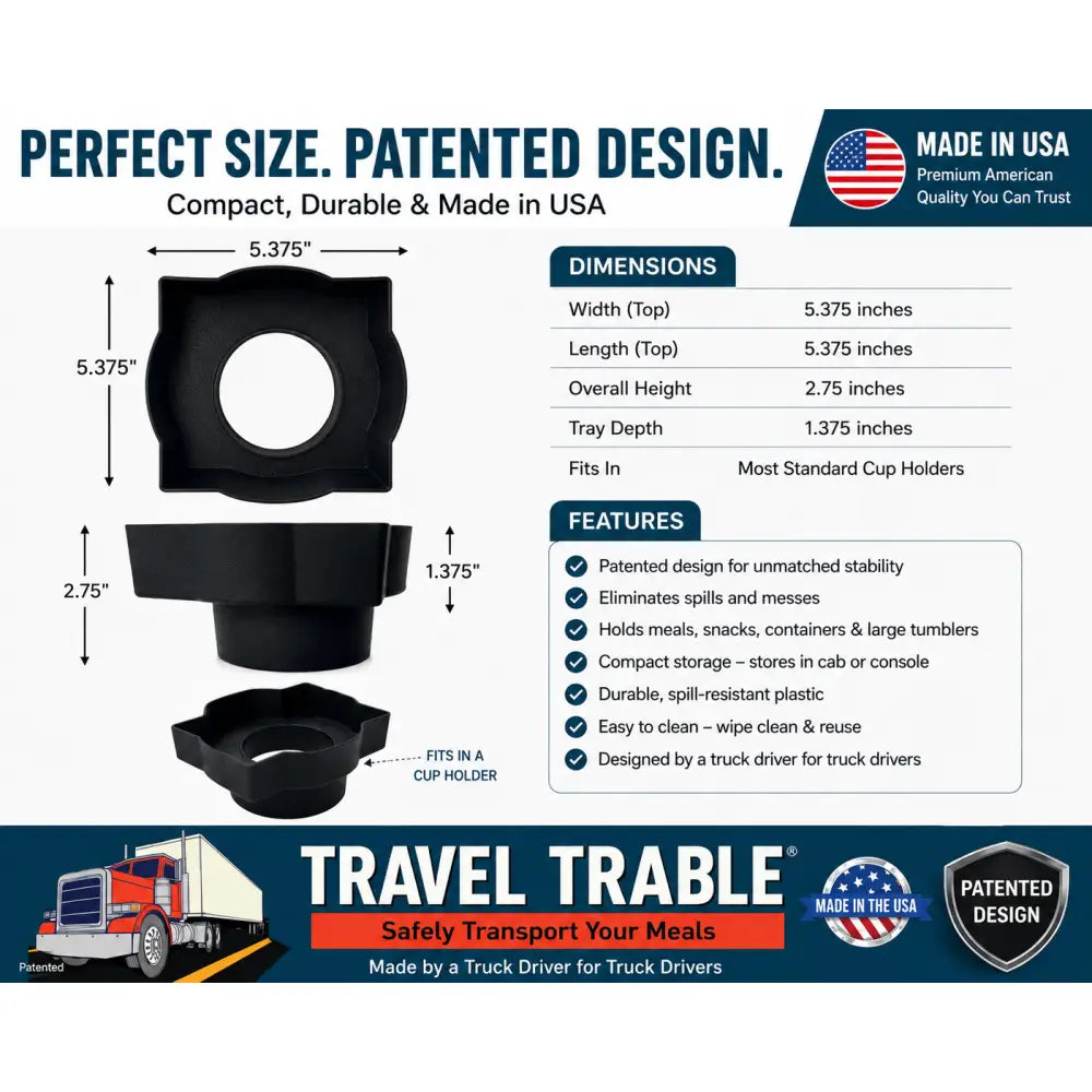 Black plastic truck cup holder food tray and vehicle center console drink tray for safe meal transport on the road